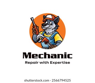 A professional wolf mechanic with tools and a workshop cap