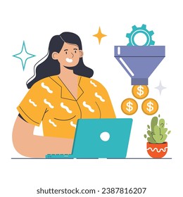 Professional woman analyzes digital sales funnel, effortlessly converting leads into profits. Efficient CRM strategies and online marketing success. Dynamic sales process visual. vector illustration.