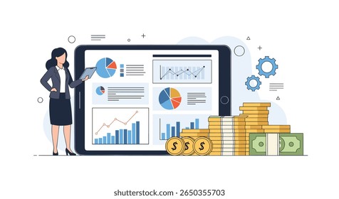 Professional woman analyzing financial data and growth on digital tablet with stacked coins and currency bills