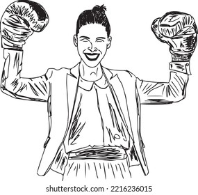 Professional woman with boxing gloves, young business woman in boxing gloves continuous outline vector illustration, sketch drawing of Female office worker in formal wear with boxing gloves