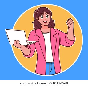 Professional woman carrying laptop, business presentation