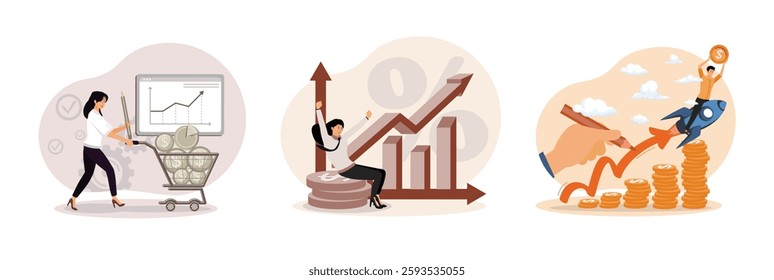 Professional woman with a cart of coins representing financial growth and strategy. Depicting growth, financial achievement, and business progress. Financial success using a rocket.