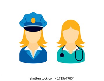 Professional woman ccupation icon set vector. Female worker icon set. Woman worker with blond hair vector. Doctor and policewoman clip art. Caucasian women employment vector. Women in uniform icon
