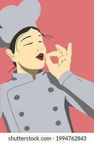 Professional woman chef showing the sign for a delicious dish. Woman chef making chef kiss fingers gesture for a tasty dish. Art minimalistic modern fashion poster for cafe interior design, cafe wall