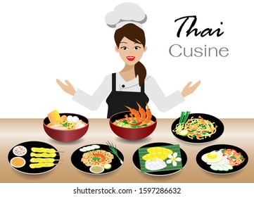 Professional woman Chef in uniform showing Thai foods,Tom yum noodle, Tom Yum Kung, Satay, Pad Thai,Shrimp Fried Rice, Kapao and sticky rice mango, Isolated on white background. Vector Illustration.