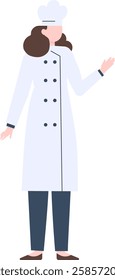 Professional woman chef wearing a crisp uniform and traditional toque, confidently gesturing with her hand while presenting culinary expertise in a full length portrait against a white background