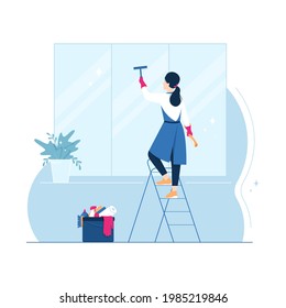 Professional woman clean big window with cleaning equipment. Cleaning service concept with blue background. Vector isolated illustration