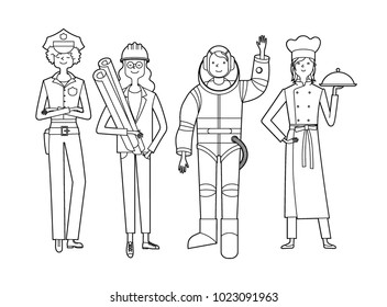 Professional woman. Cook, engineer, policeman, astronaut.  Vector illustration.