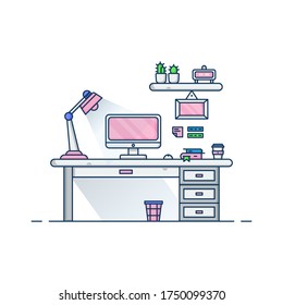 Professional Woman Desk Setup Vector Flat Illustration With Desktop, Clean Table, Lamp, Cactus, Notes, Mirror, Clock, Trash, Book And Coffee Drinks. Perfect For Banner, Web, Template, Poster, Etc.