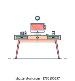 Professional Woman Desk Setup Vector Flat Illustration With Desktop, Clean Table, Camera, Clock And Coffee Drinks. Perfect For Banner, Web, Template, Poster, Etc.