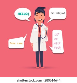 professional woman doctor speaking with speech bubble. cute cartoon style - vector illustration