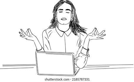 Professional Woman doing relaxing yoga while working on laptop Sketch drawing, woman doing meditation while working on laptop, Silhouette of yoga woman