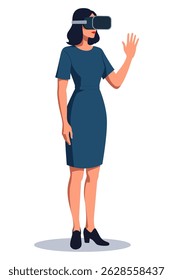 Professional woman in dress wearing VR headset raising hand in virtual reality illustration.