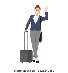 Professional woman dressed in business attire waves while holding a suitcase, ready for her journey. Flat vector illustration isolated on white background