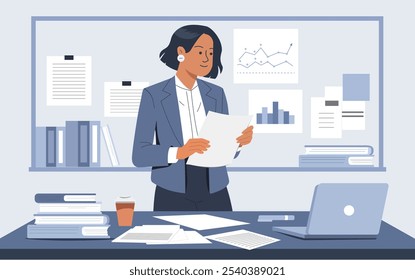 Professional Woman Engaged in Document Review at a Cluttered Desk, Surrounded by Office Calm and Concentration