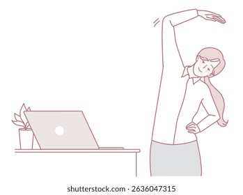 A professional woman engaging in stretching exercises at her desk to boost her overall wellbeing and productivity