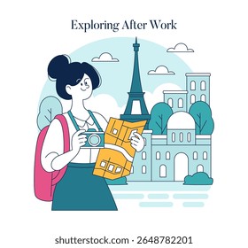 A professional woman enjoys exploring the city after work, camera in hand and map open. The scene captures a blend of leisure and discovery in a vibrant urban environment filled with iconic landmarks.