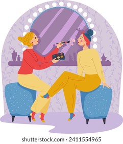 Professional woman fashion cosmetic, female makeup artist help entertainer with makeover cartoon vector illustration, isolated on white. Design visagiste girl sitting dressing room, big mirror.