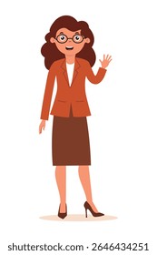 Professional woman in formal attire waving cheerfully in a friendly greeting. Flat style girl character isolated on white background.