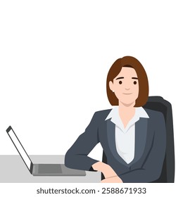 Professional woman in a formal suit sitting at a desk with a laptop. Flat vector illustration isolated on white background