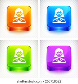 Professional Woman with Glasses on Color Square Buttons