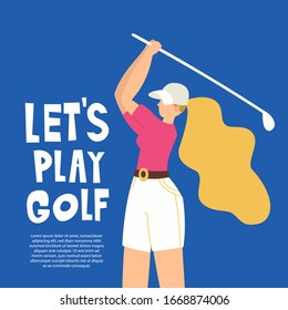 Professional Woman golfer hits the ball with a club. Vector flat hand drawn illustration. Female athlete playing golf. Girl in sport. T-shirt design. Sportswomen training outdoor. Cartoon character.