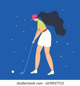 Professional Woman golfer hits the ball with a club. Vector flat hand drawn illustration. Female athlete playing golf. Girl in sport. T-shirt design. Sportswomen training outdoor. Cartoon character.