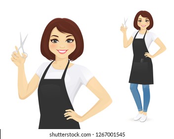 Professional woman hairdresser in apron with scissors in hand vector illustration isolated