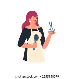 Professional woman hairdresser with comb and scissors, flat cartoon vector illustration isolated on white background. Woman hairdresser or haircutter, hair stylist.