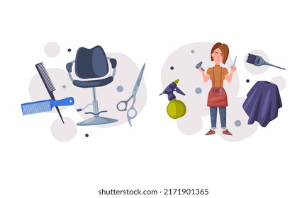 Professional woman hairdresser and tools for styling and haircut set cartoon vector illustration