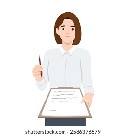 Professional woman holding a clipboard and a pen, asking for an autograph. Flat vector illustration isolated on white background