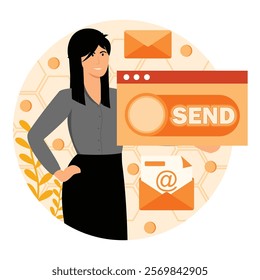 Professional woman interacts with digital email and communications in a modern style, emphasizing technology, connectivity and professional correspondence. Flat vector modern illustration