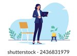 Professional woman with laptop - Female businessperson standing with computer in hands smiling dressed in casual business clothes. Flat design vector illustration with white background
