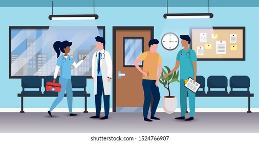 professional woman and man doctors with patient vector illustration