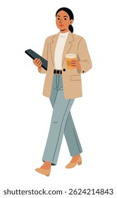 Professional woman in modern office attire walking confidently while holding a tablet and a takeaway coffee cup. Ideal for corporate, productivity, work-life balance, remote working, and business