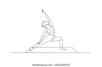 Professional Woman Practicing Reverse Warrior Yoga Pose at Home in Continuous Line Art Illustration