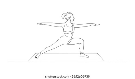 Professional Woman Practicing Warrior II Yoga Pose in Continuous Line Art Style Isolated On White Background