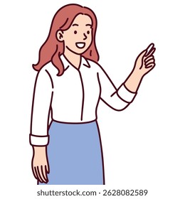 Professional woman with red hair and a confident posture stands near a chalkboard, ready to present or explain a lesson in a classroom or educational setting