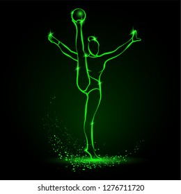 Professional woman rhythmic gymnastics athlete performing with ball. Green linear neon gymnast silhouette on a black background.