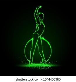 Professional woman rhythmic gymnastics athlete performing with hoop. Green linear neon gymnast silhouette on a black background. Vector sport illustration.