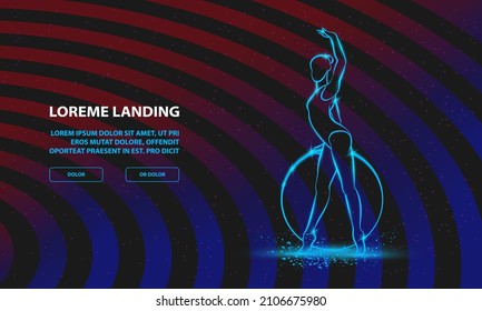 Professional woman rhythmic gymnastics athlete performing with hoop. Vector Sport Background for Landing Page Template.