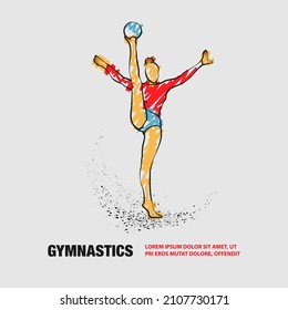 Professional woman rhythmic gymnastics athlete performing with ball. Vector outline ofrhythmic gymnastics athlete with scribble doodles style drawing.