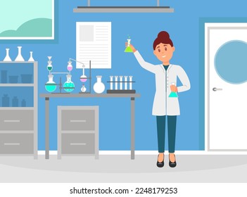 Professional woman scientist doing chemical researchers using laboratory equipment. Science research lab cartoon vector