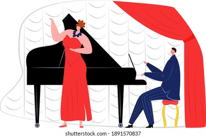 Professional woman songstress sing vocal music song hit, man sitting playing piano flat vector illustration, isolated on white. Musical classic performance, people duet together chant romance.