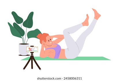 Professional woman sport trainer cartoon character demonstrating workouts at pilates class online