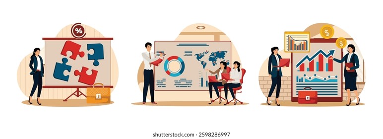 Professional woman standing next to a presentation depicting colorful puzzle pieces. Colleagues collaborating on a presentation featuring global data and statistical analytics. Emphasis on teamwork.  