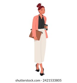 Professional Woman Strides Confidently At Work, Balancing A Steaming Cup Of Coffee In Hand. Her Purposeful Steps Embody Determination And A Caffeine-fueled Readiness For The Day Ahead, Vector