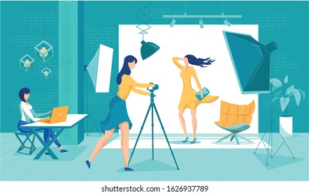 Professional Woman Studio Photo Shoot Cartoon. Female Photographer with Camera Take Shots of Model for Glamour Magazine Advertising. Photo Assistant Work on Laptop. Flat Equipment. Vector Illustration