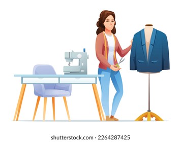 Professional woman tailor standing near the suit. Fashion designer, seamstress character illustration