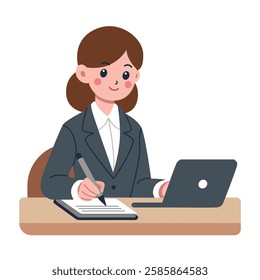 Professional Woman taking notes at Office Desk - Business Cartoon Illustration